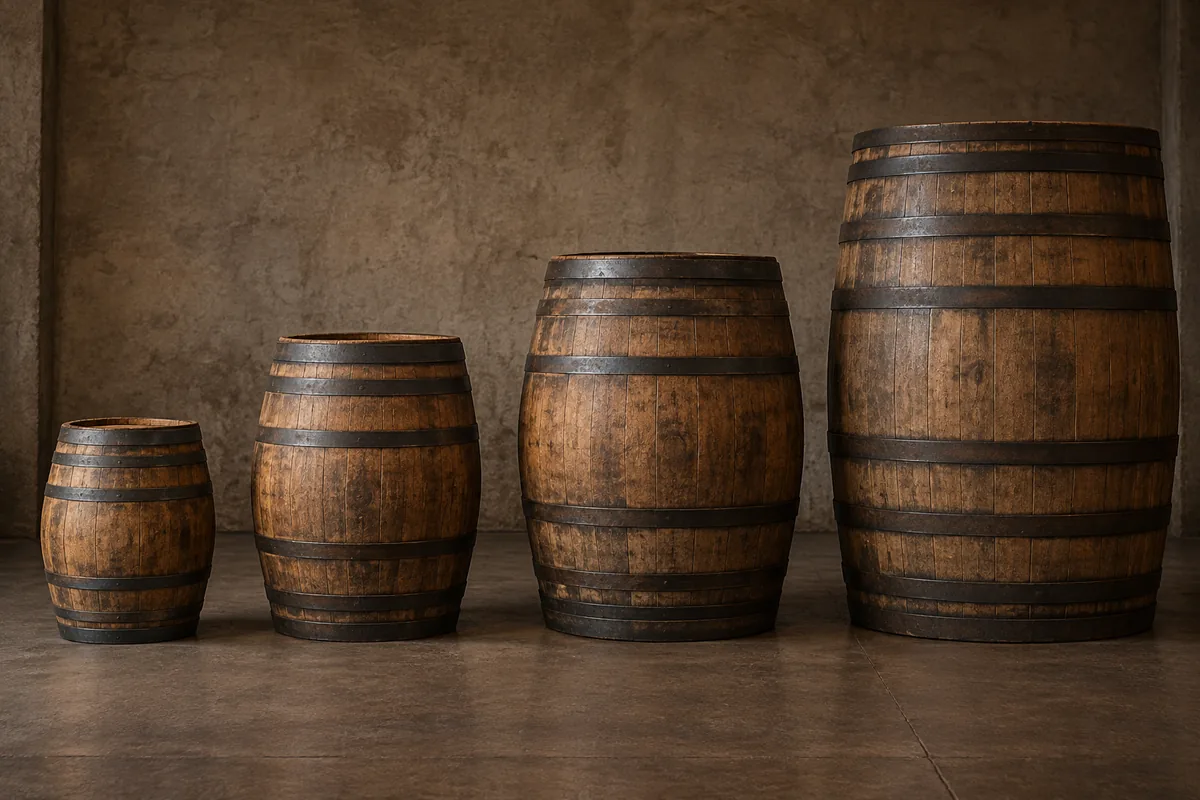 Four upright oak casks of ascending capacity standing in a line on a plain warehouse floor, rising from the smallest barrel on the left to a tall wide bodega butt on the right.