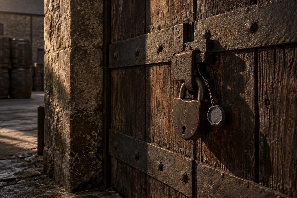 The closed timber and iron door of a bonded warehouse in a weathered stone doorway, with a heavy padlock and a plain lead seal crimped onto a wire through the hasp.