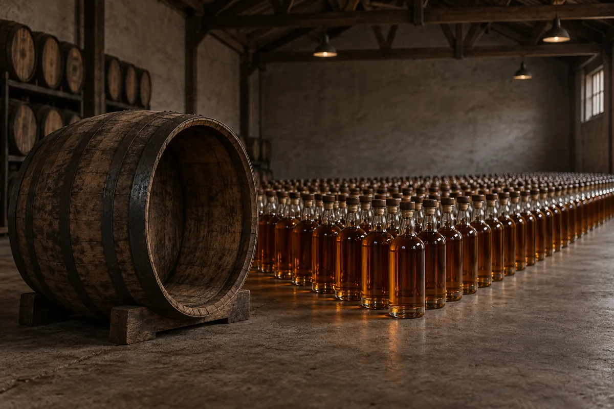 One emptied oak cask lying on its side at the left of a bonded warehouse floor with its open head towards the camera, beside the full run of unlabelled bottles drawn from it receding in even ranks to the right.