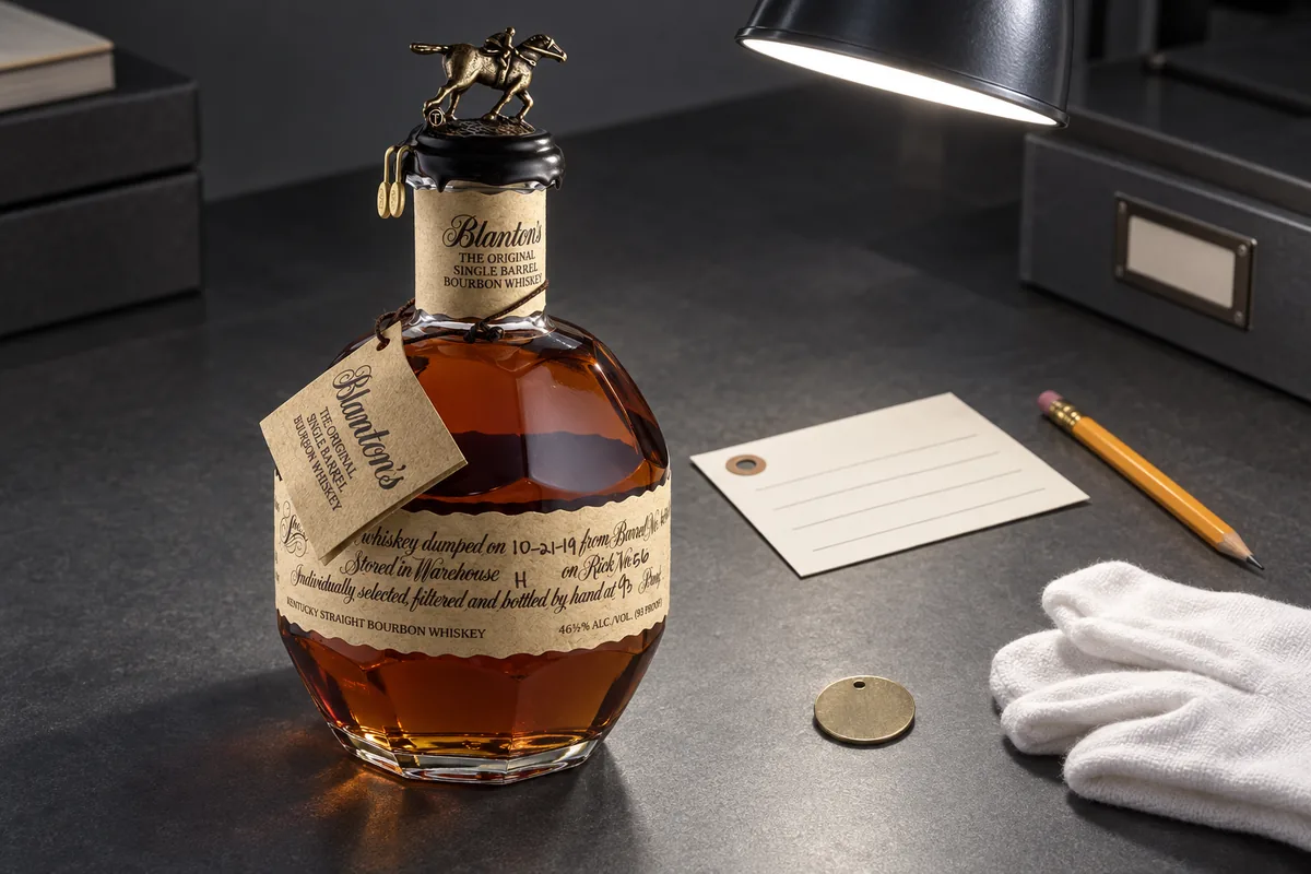 A recognizable Blanton's Original Single Barrel Bourbon bottle on an archival allocation desk with a blank tag and white handling gloves.