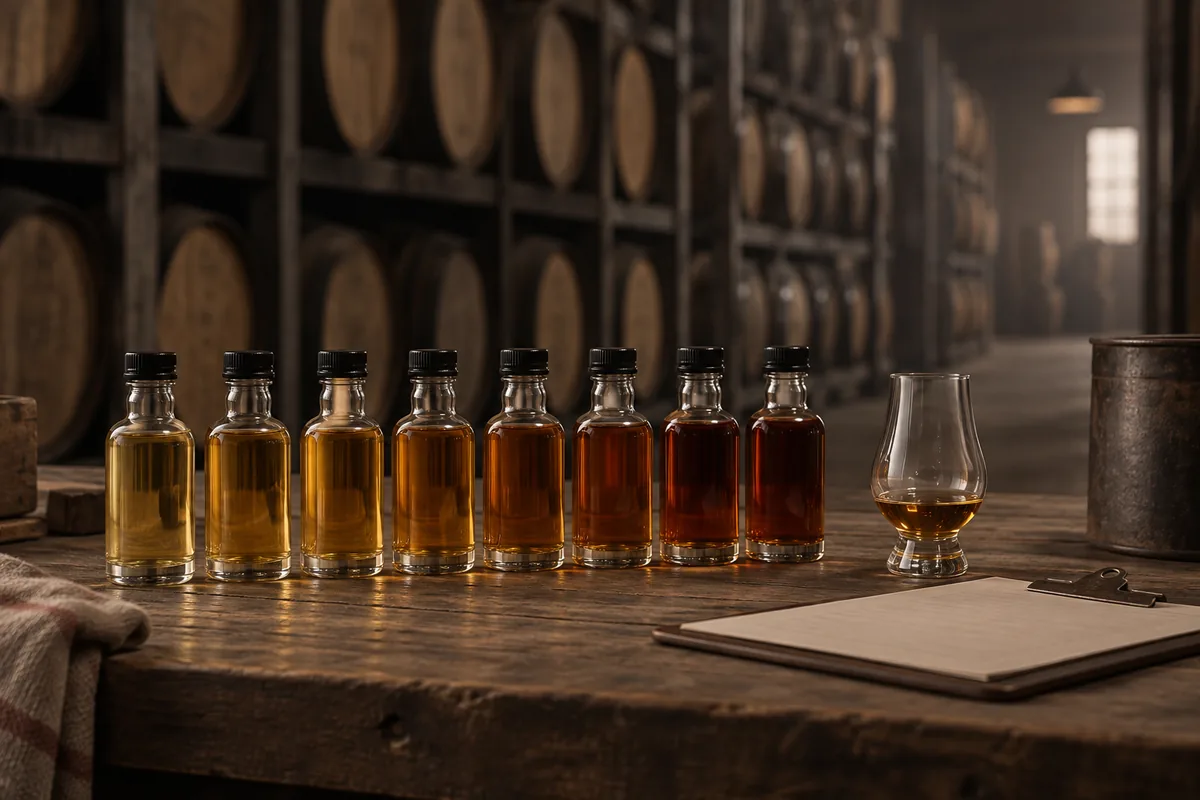 A row of identical small sample bottles of whisky standing in line on a warehouse selection bench, each a slightly different depth of amber, with a plain nosing glass beside them and racked casks blurred behind.