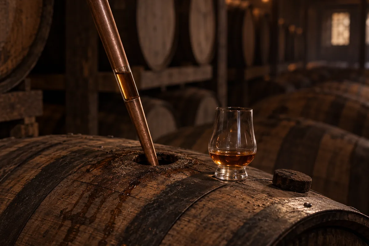 A long tapered copper valinch lowered through the open bunghole of a cask lying on its side, a little amber spirit held in the tube above a plain sampling glass resting on the cask head.