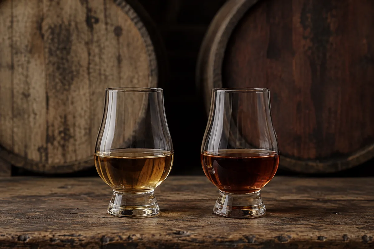 Two identical glasses at the same fill level on a warehouse sampling bench, holding whisky of visibly different colour depth, with two casks out of focus behind them.