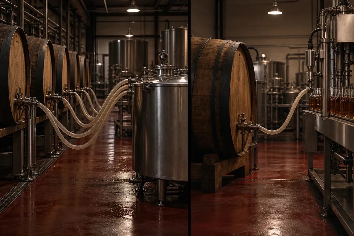Several hoses running from a row of casks into one large stainless vatting vessel on one side of a filling hall, and a single cask feeding one filling line on the other.