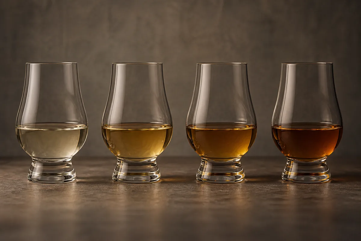 Four identical sample glasses in a row against a neutral grey card, holding grain whisky at the same fill level and deepening from near colourless through pale gold to deep amber.
