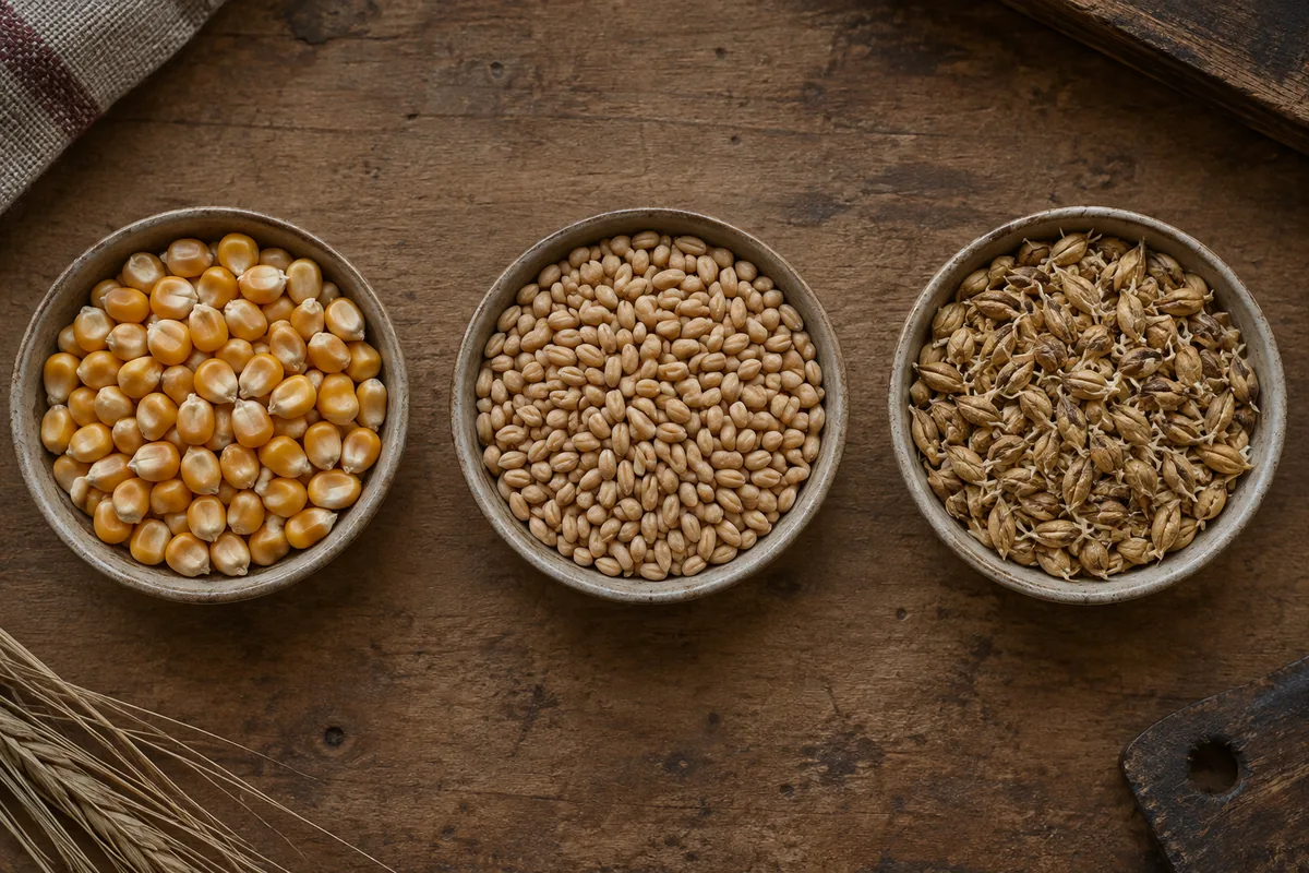 Three shallow dishes on a mill room worktable holding whole yellow maize kernels, small pale wheat grains and malted barley with visible rootlets, filled to the same depth.