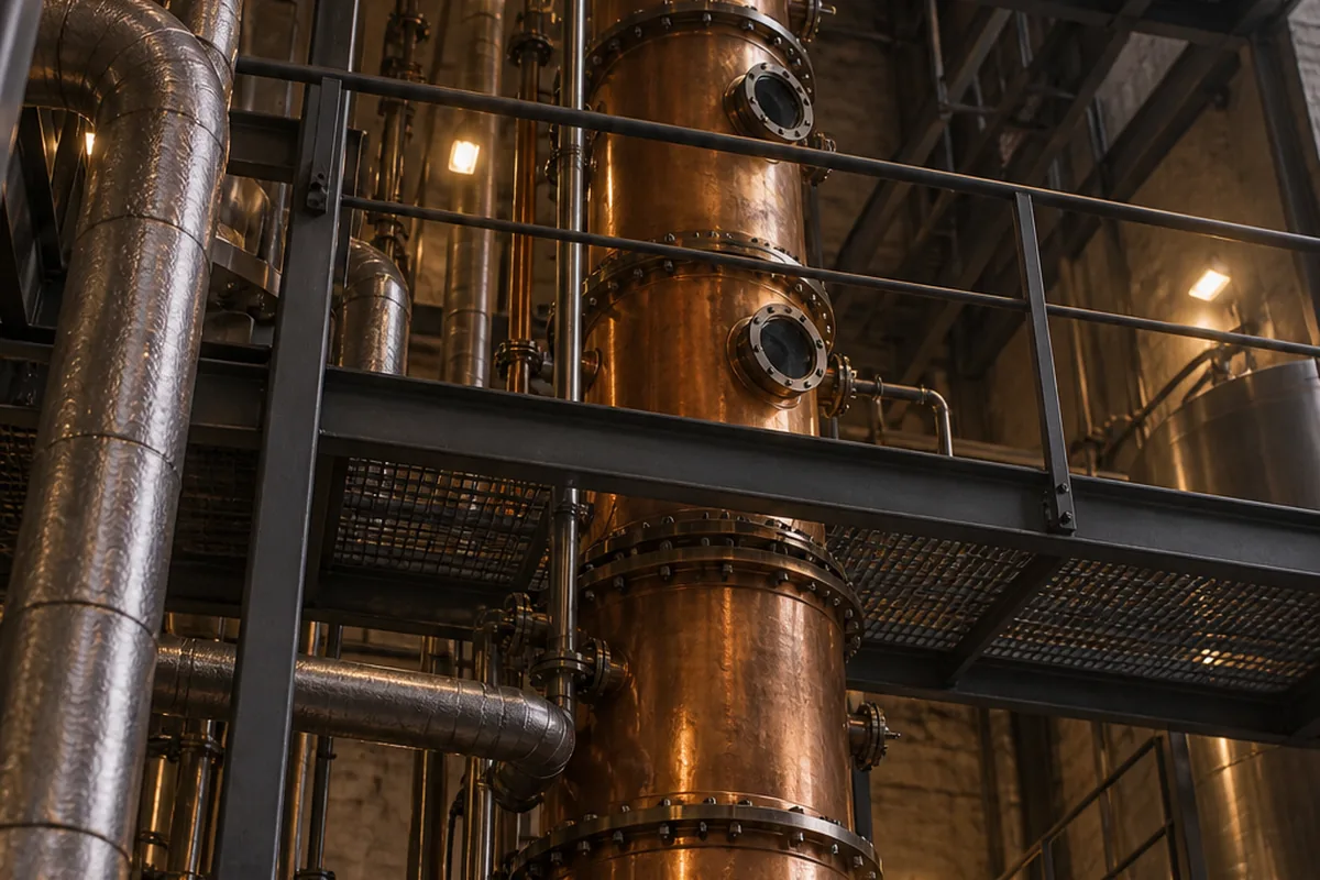 A tall continuous distillation column rising through several floors of a grain distillery, crossed by steel walkways at each level, photographed looking upward with the top out of frame.