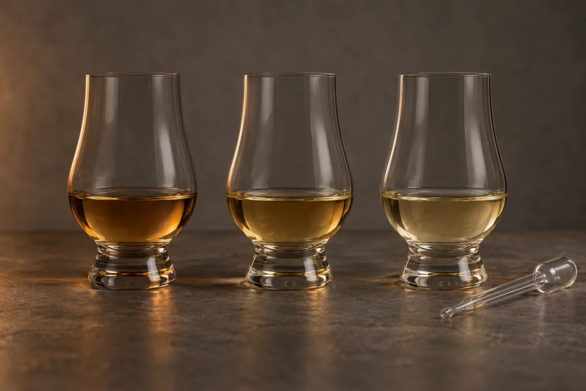 Three identical nosing glasses in a row on a stone bench, holding the same whisky at the same level and growing visibly paler from left to right as water is added, with a small glass pipette lying beside the last glass.