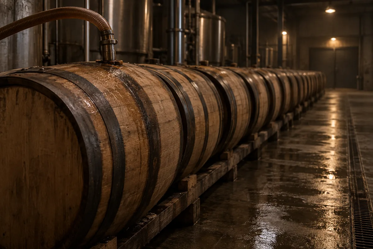A long line of identical fresh oak casks lying on a filling store rack, one flexible filling hose running into the bunghole of the nearest cask and the line receding into the distance over a wet concrete floor.