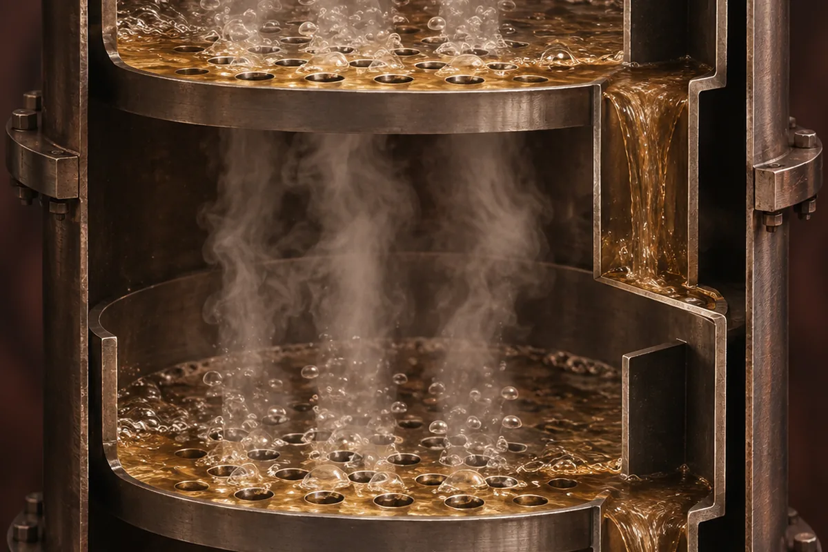A cutaway illustration of two stacked perforated plates inside a distillation column, wash lying on each plate and spilling down through a downcomer while vapour rises through the perforations and breaks up through the liquid above.