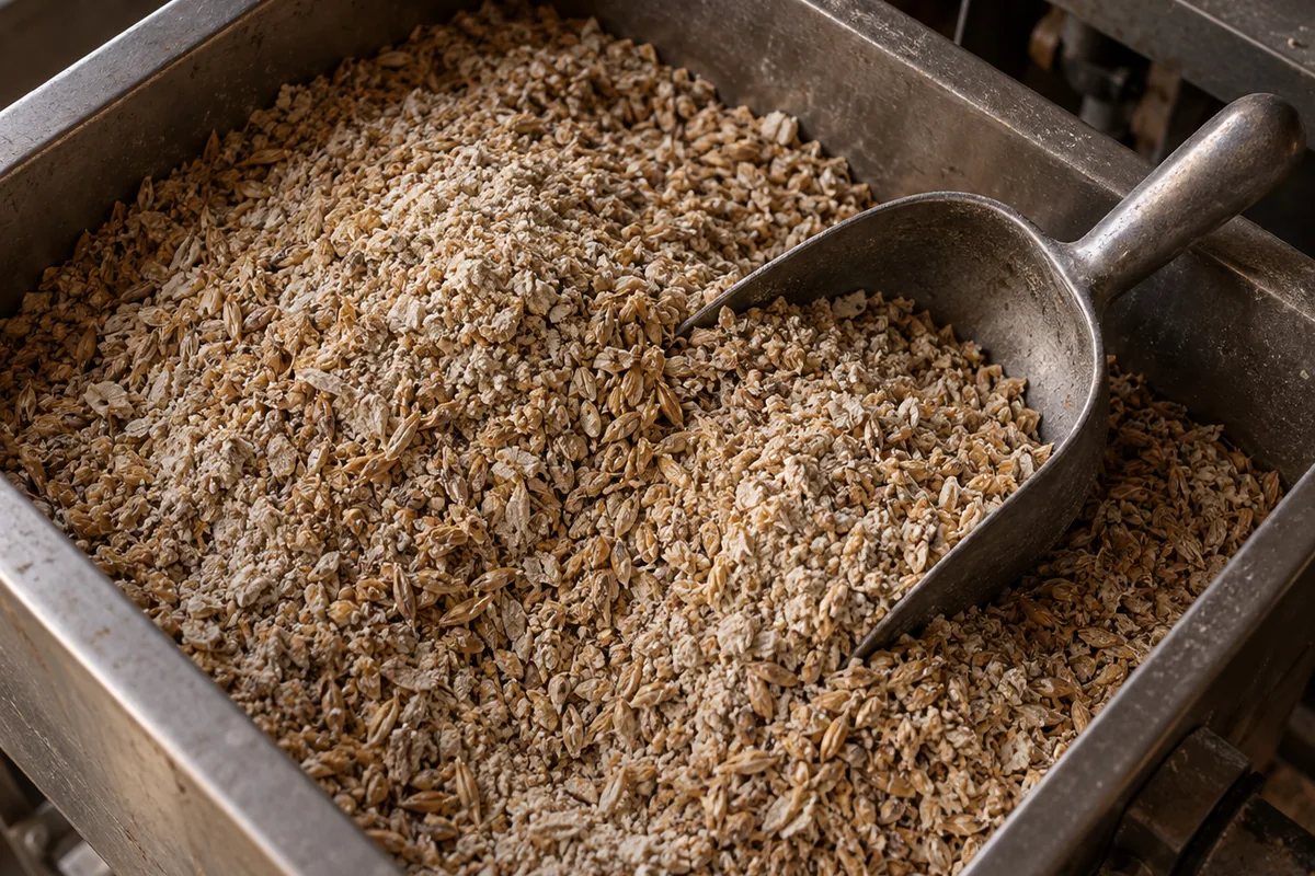 A close overhead view of freshly milled malted barley grist heaped in a plain steel grist case, husk fragments and pale flour visibly mixed through the coarse meal, with a metal scoop resting in it.