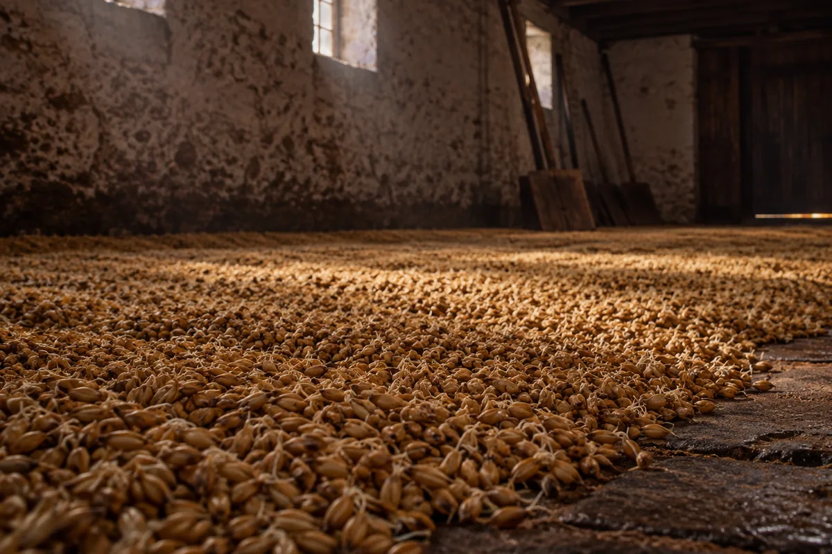 A traditional malting floor seen at a low angle, a deep even bed of germinating barley spread across worn flagstones with pale rootlets visible in the grain and wooden turning shovels leaning against the wall.