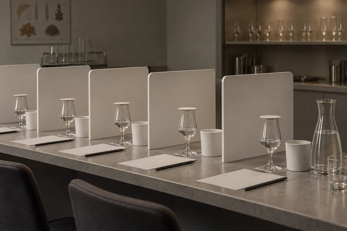 A prepared sensory assessment bench in a plain quality control room, a row of identical covered nosing glasses holding small measures of clear spirit, white partitions between each place, and a jug of water with plain beakers.