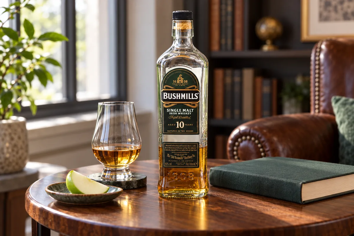 A recognizable Bushmills 10 Year Old Single Malt Irish Whiskey bottle beside a tulip glass and green apple in a quiet adult reading room.