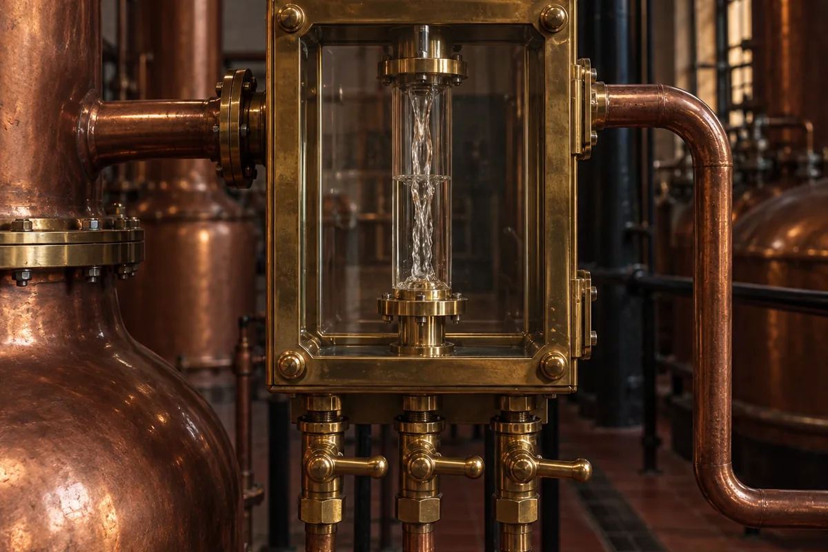 A brass and glass spirit safe mounted at chest height in a still house, clear spirit running through a sight glass inside the sealed case, with valve levers along its lower edge and copper pipework entering and leaving.