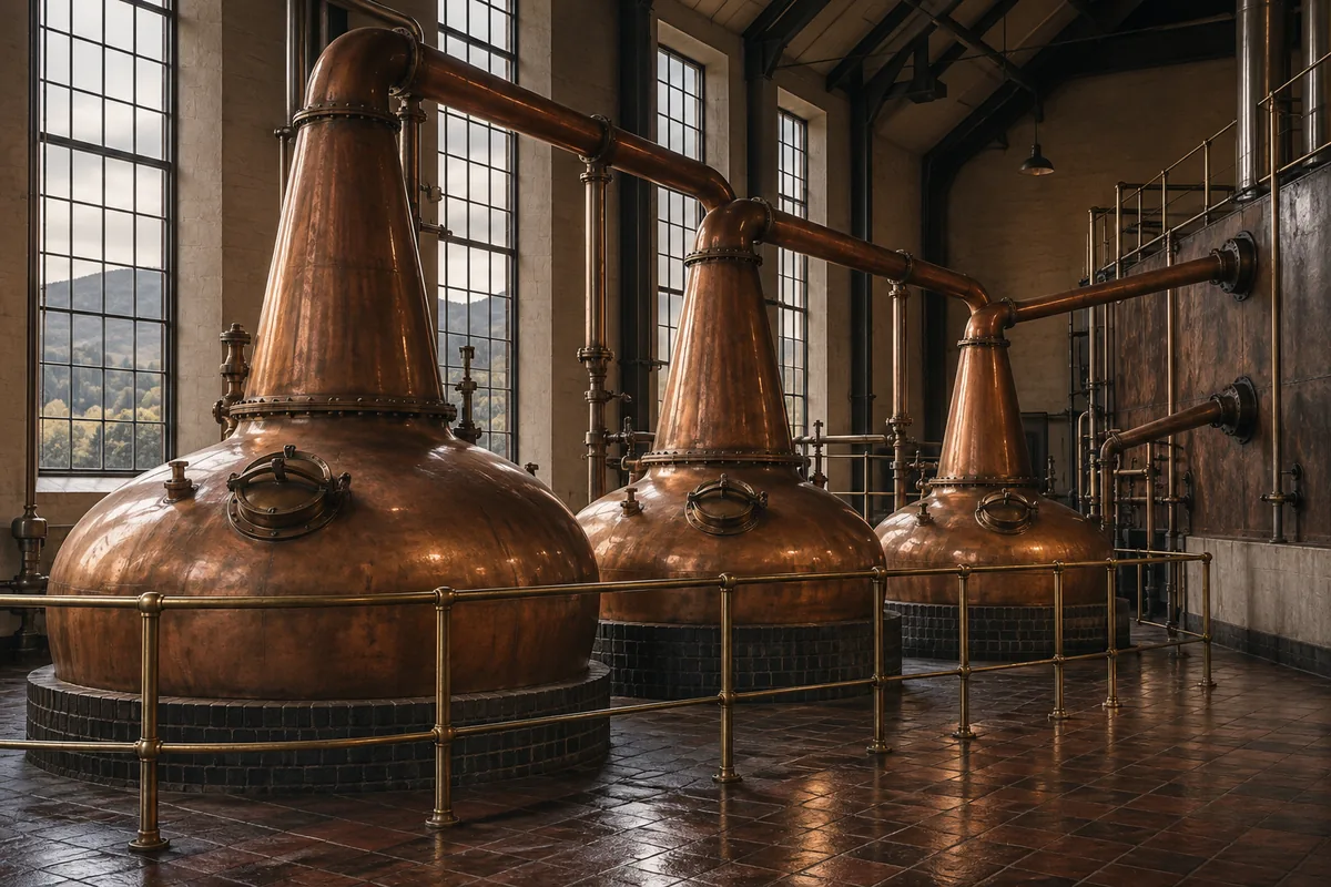 Three copper pot stills of decreasing size standing in one line in a traditional still house, joined by lyne arms running to a shared condenser wall, with tall windows behind.