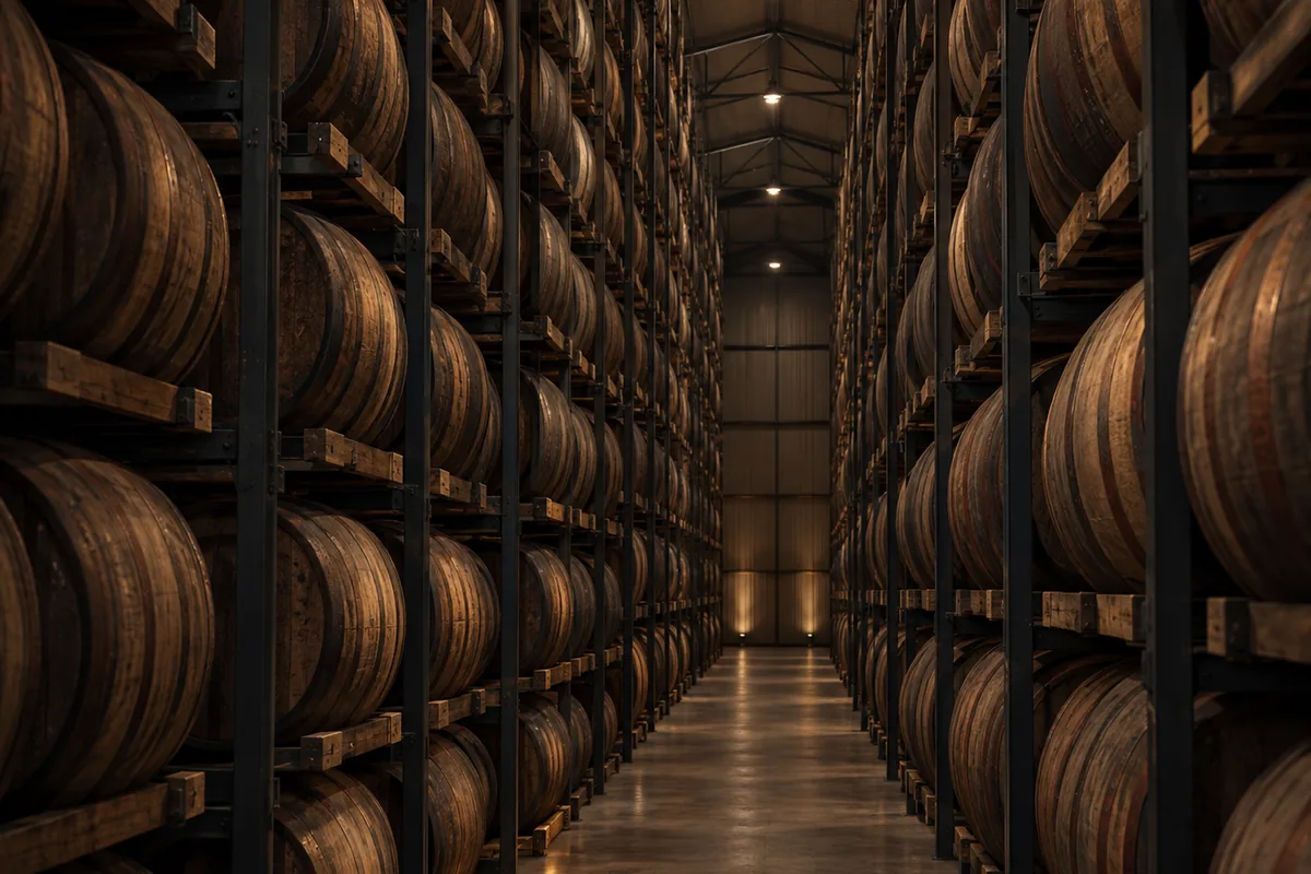 The interior of a tall maturation warehouse, oak casks racked six and seven tiers high on steel racking with a long aisle receding between them into unlit darkness.