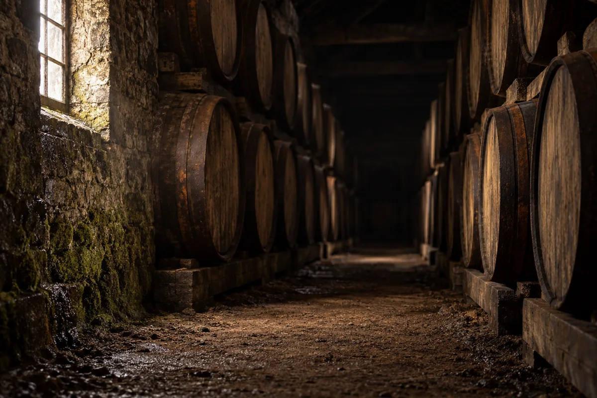 The aisle of a traditional dunnage warehouse, casks stacked three high on wooden runners over an earth floor, damp stone walls, lit by one low window with the far end falling into darkness.