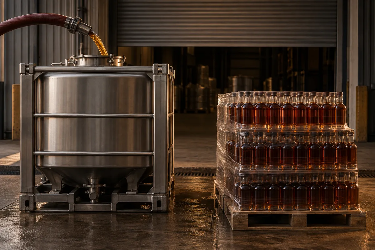 A stainless bulk shipping container being filled through a hose on the left of a bonded loading bay, and a shrink wrapped pallet of identical unlabelled glass bottles on the right.