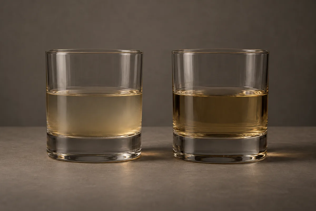 Two identical glasses of the same pale whisky diluted with water against a plain grey ground, the left glass faintly cloudy and the right glass perfectly clear at the same fill level.