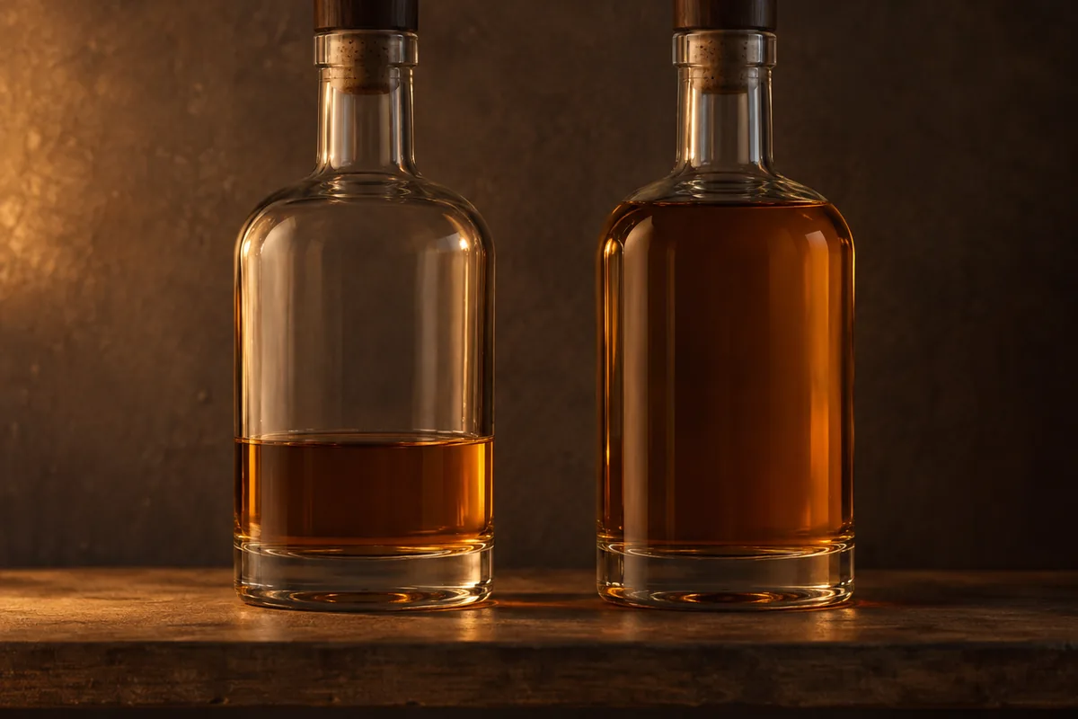 Two identical clear bottles of the same whisky side by side on a wooden shelf, the left one a third full with a large airspace above the liquid and the right one nearly full with almost none.