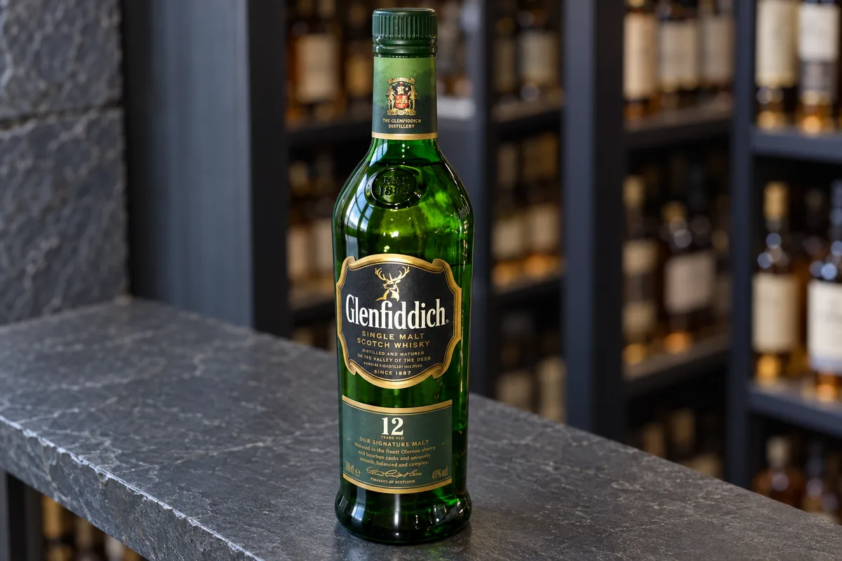 Glenfiddich 12 Single Malt Scotch Whisky bottle on a charcoal slate shelf in a specialist whisky shop.