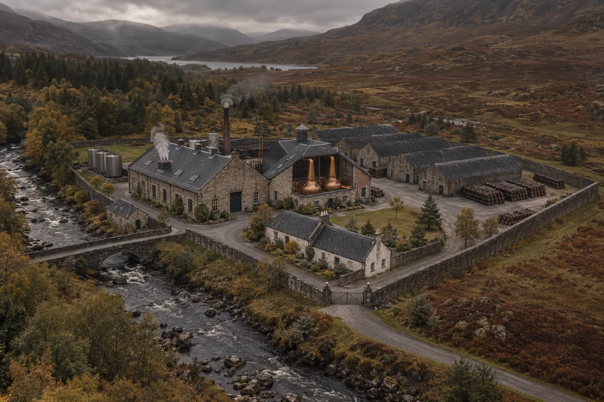 A whole working distillery site seen from above in a Scottish glen, with mash house, still house, filling store and bonded warehouses standing together inside one boundary wall beside a water course.