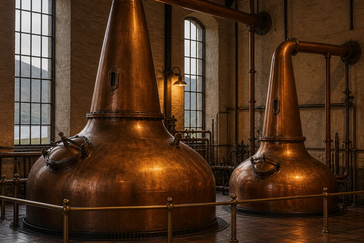 A larger copper wash still standing beside a smaller copper spirit still in a Scottish still house, their necks and lyne arms running to the wall, a brass rail across the front and tall windows looking out to a loch and hills.
