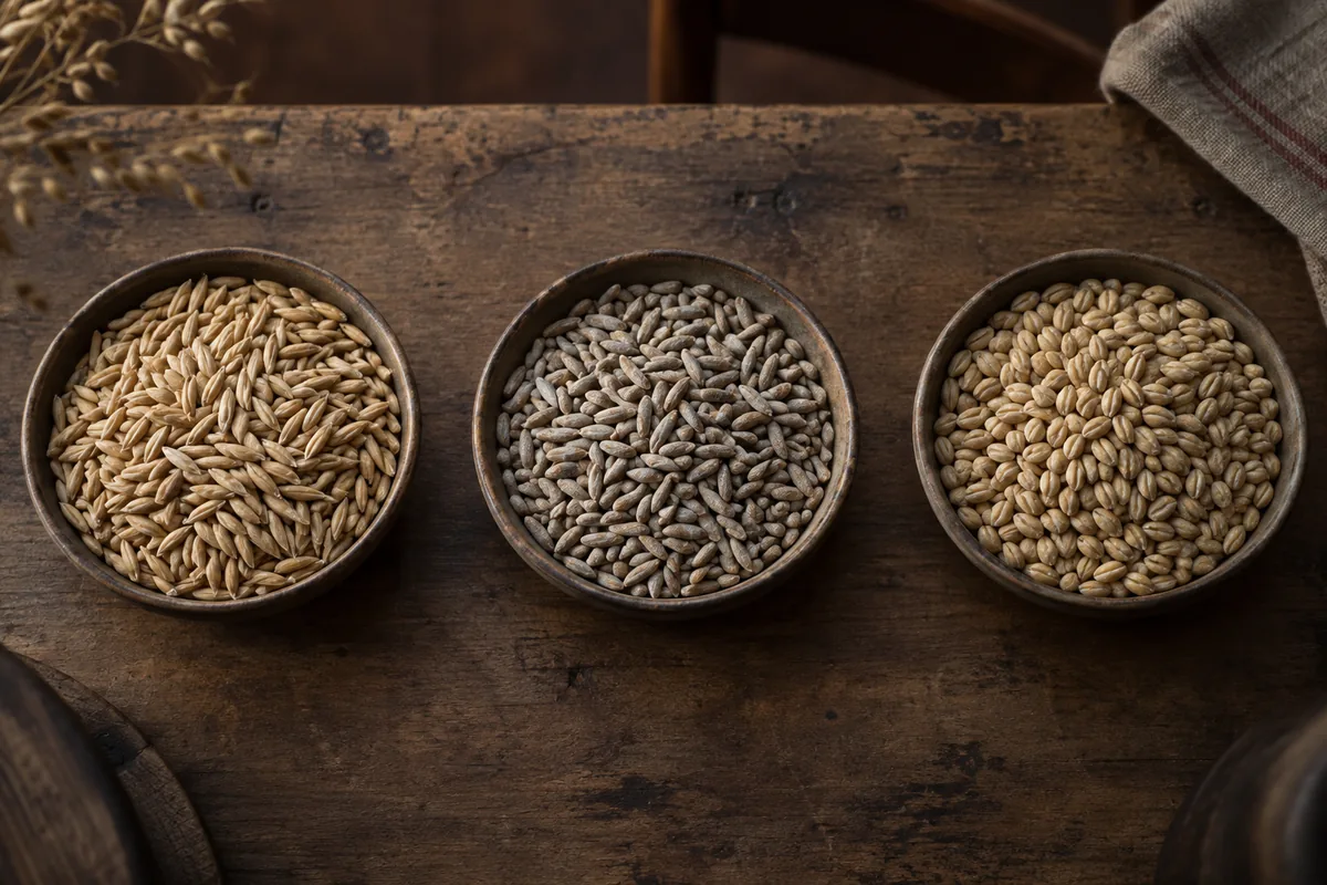 Three shallow dishes on a worn wooden worktable holding husked oat grains, greyish rye grains and plumper barley, each filled to the same depth.
