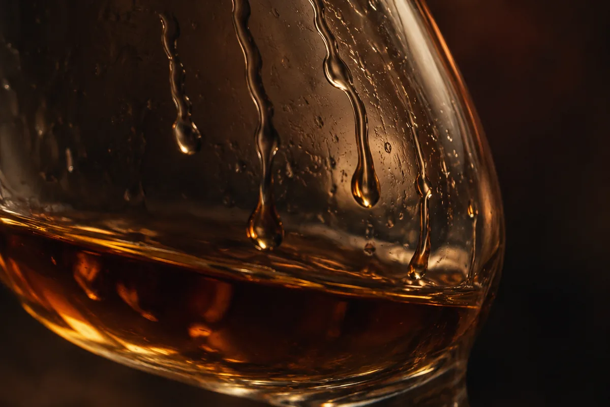A close view of the inner wall of a tilted tasting glass, thick amber droplets hanging and running slowly back down into the whiskey below in heavy widely spaced columns, lit from one side against a dark ground.