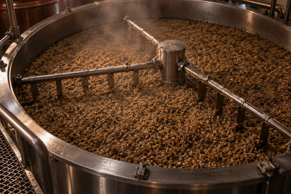 Looking down into the open top of a large mash tun, a dense even bed of swollen wet grain filling it edge to edge with the rotating rake arms resting on the surface and steam in the air above.