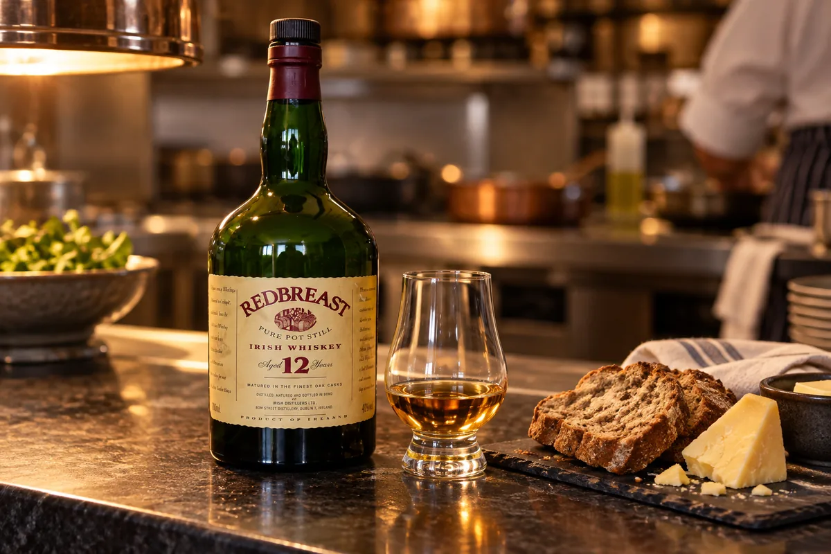A recognizable Redbreast 12 Single Pot Still Irish Whiskey bottle beside a tulip glass, brown soda bread, and aged cheese on an adult culinary pass.