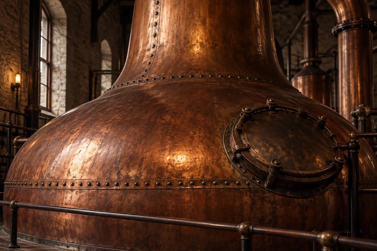 One very large burnished copper pot still filling the frame of a traditional Irish still house, its swan neck rising out of shot, with a tiled floor and handrail at the base giving the scale.