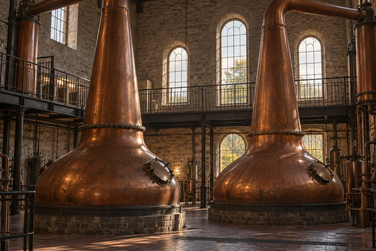 Two enormous copper pot stills seen in full from base to swan neck in a tall Irish still house, a first floor gallery and handrail crossing behind them at roughly half their height.