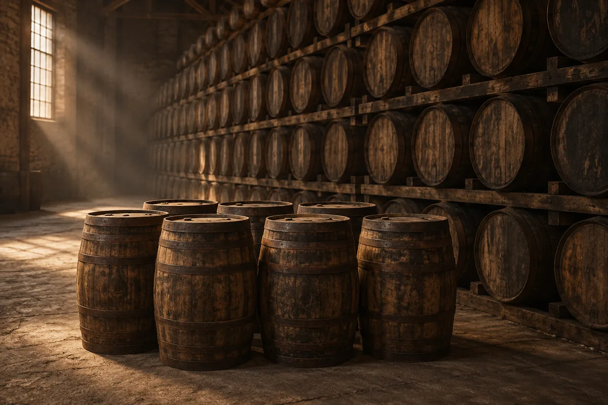 A group of whisky barrels standing together on a warehouse floor in front of tall racked ricks