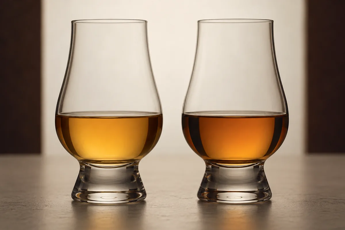 Two identical tasting glasses at equal fill levels holding amber whisky of very slightly different depth of colour, lit from behind