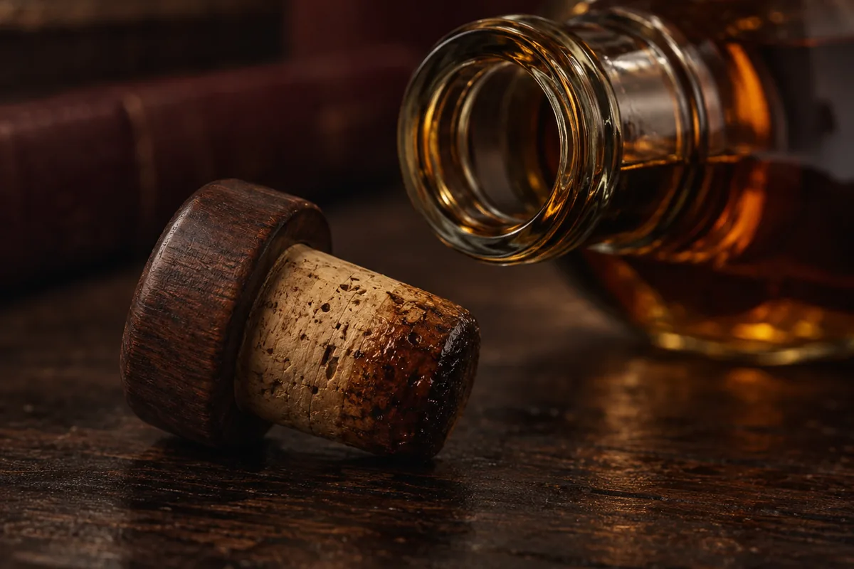 A natural cork closure with a turned wooden top resting beside the open neck of a plain unlabelled whisky bottle, the lower half of the cork darkened