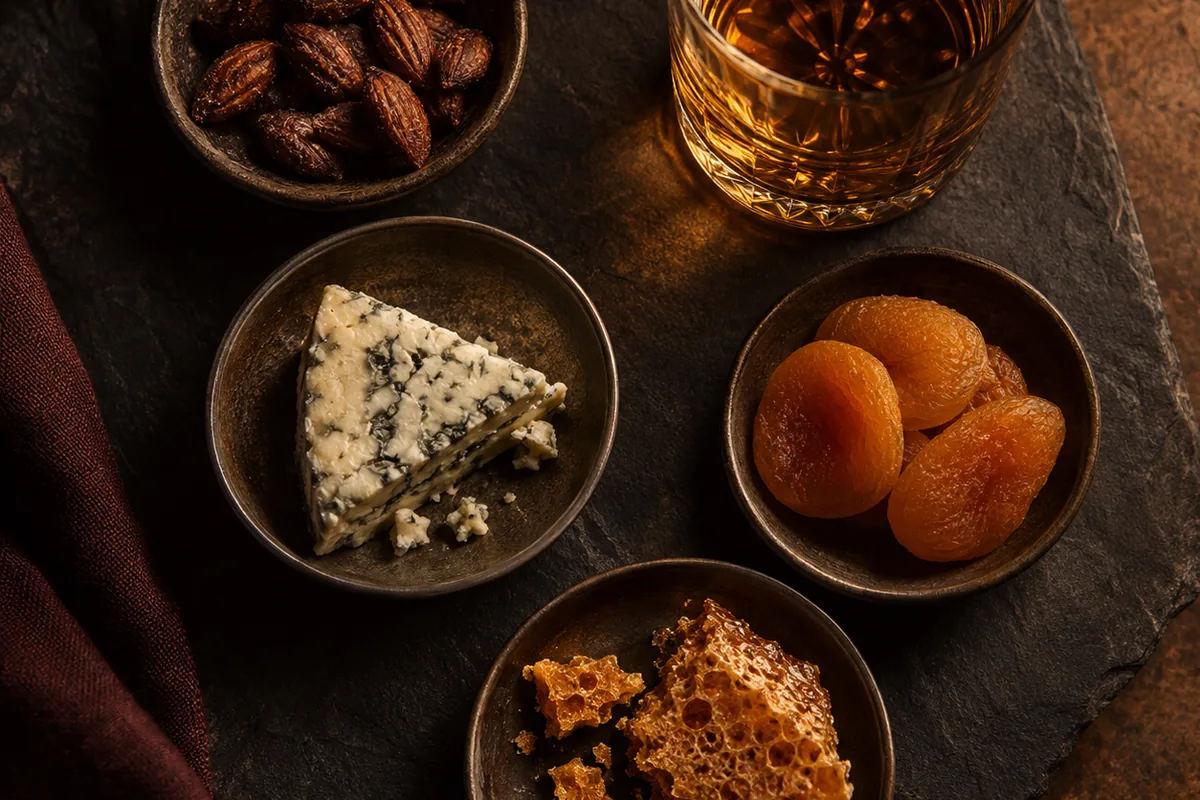 Smoked almonds, blue veined cheese, dried apricots, and dark honeycomb in four separate dishes beside a glass of amber whisky
