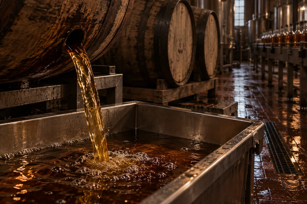 Whisky running from the bung of a tilted oak barrel into an open stainless mingling trough part filled with amber spirit