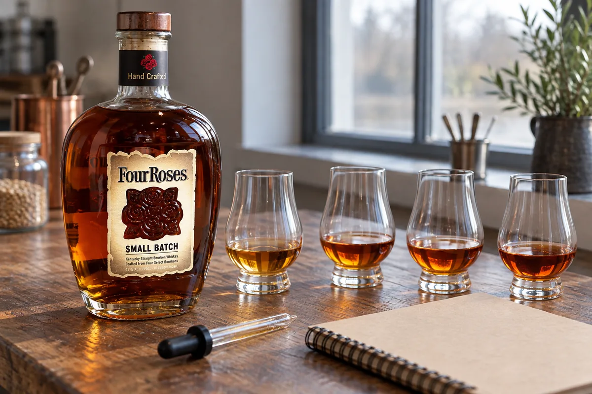 A recognizable Four Roses Small Batch bourbon bottle beside four matched tasting glasses, a dropper, and a blank notebook on an adult blending bench.