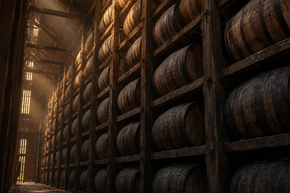 The interior of a rickhouse along one bay, barrels racked from floor level to the roof timbers with light on the upper courses