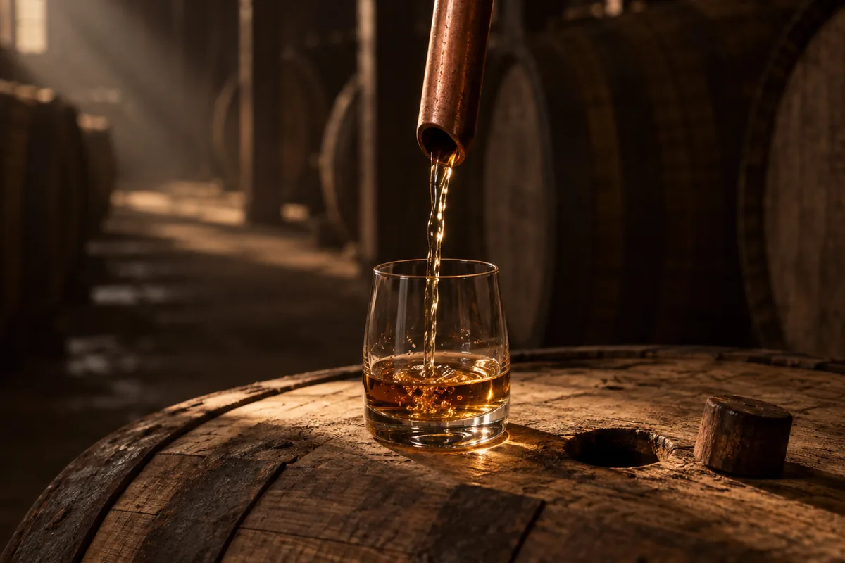A copper valinch held over the open bung of a whisky barrel, spirit running from its end into a plain glass on the barrel head