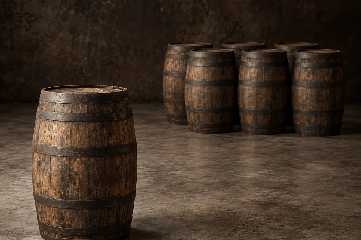 One whisky barrel standing alone on a concrete floor with a group of six identical barrels standing together behind it