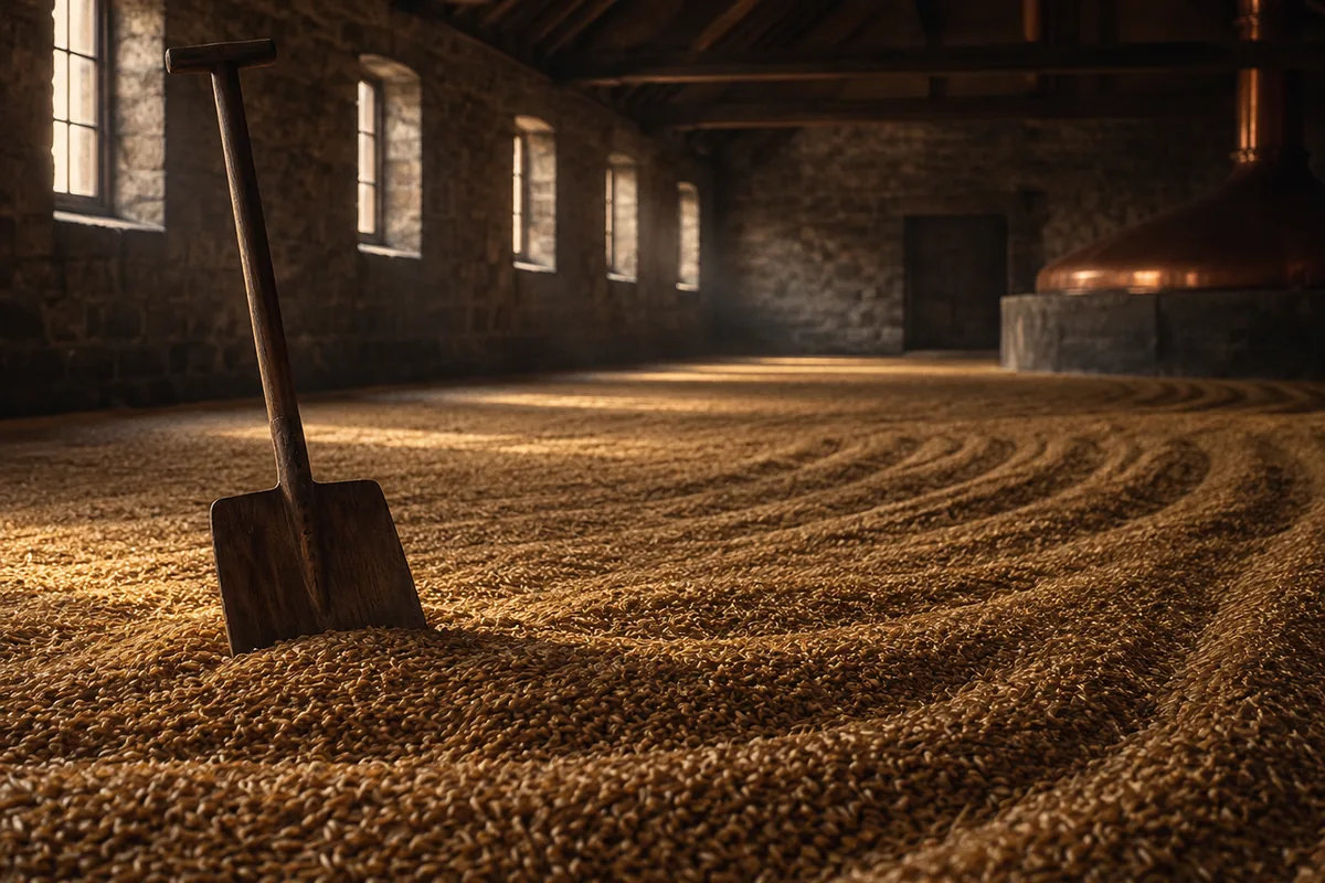 A deep bed of golden malted barley on a stone malting floor with a wooden shovel standing upright in it