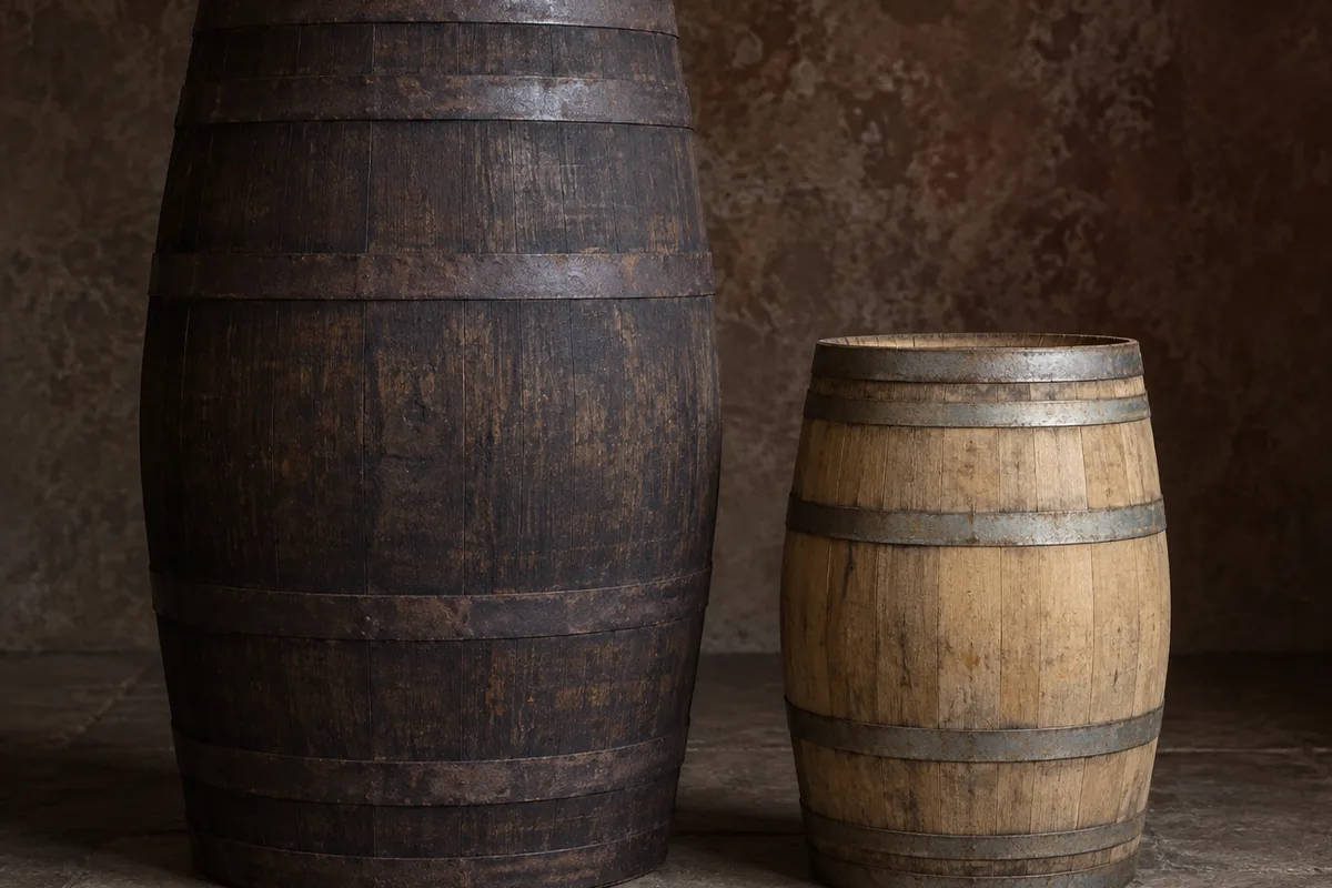 A tall dark sherry butt standing upright beside a noticeably smaller pale ex-bourbon barrel on a bare stone floor