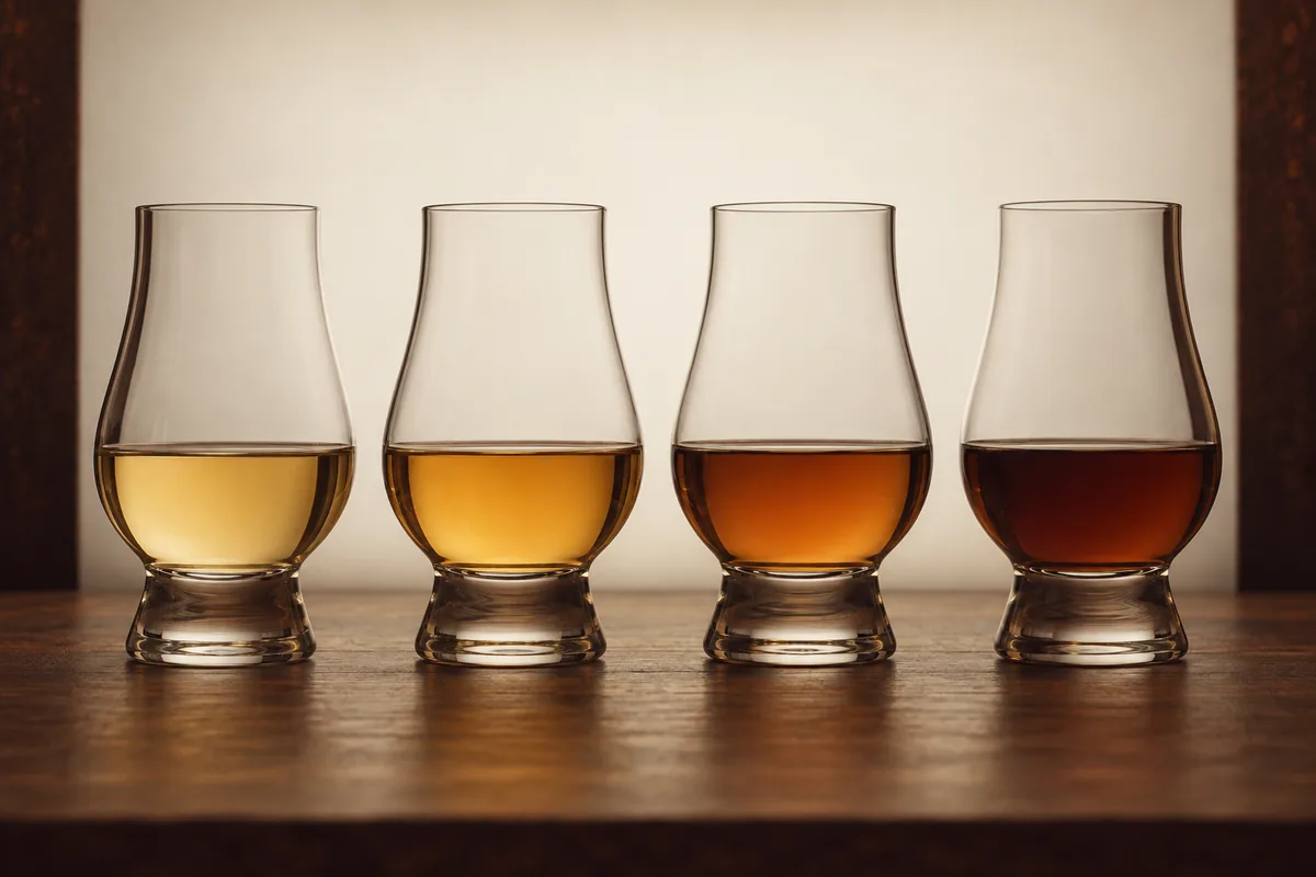 Four identical tasting glasses at equal fill levels holding malt whisky from very pale straw through gold and amber to dark mahogany