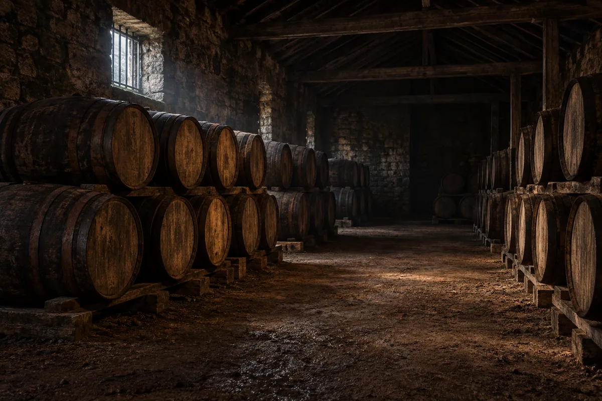 The interior of a low dunnage warehouse with casks resting on wooden runners three high on an unsealed earth floor