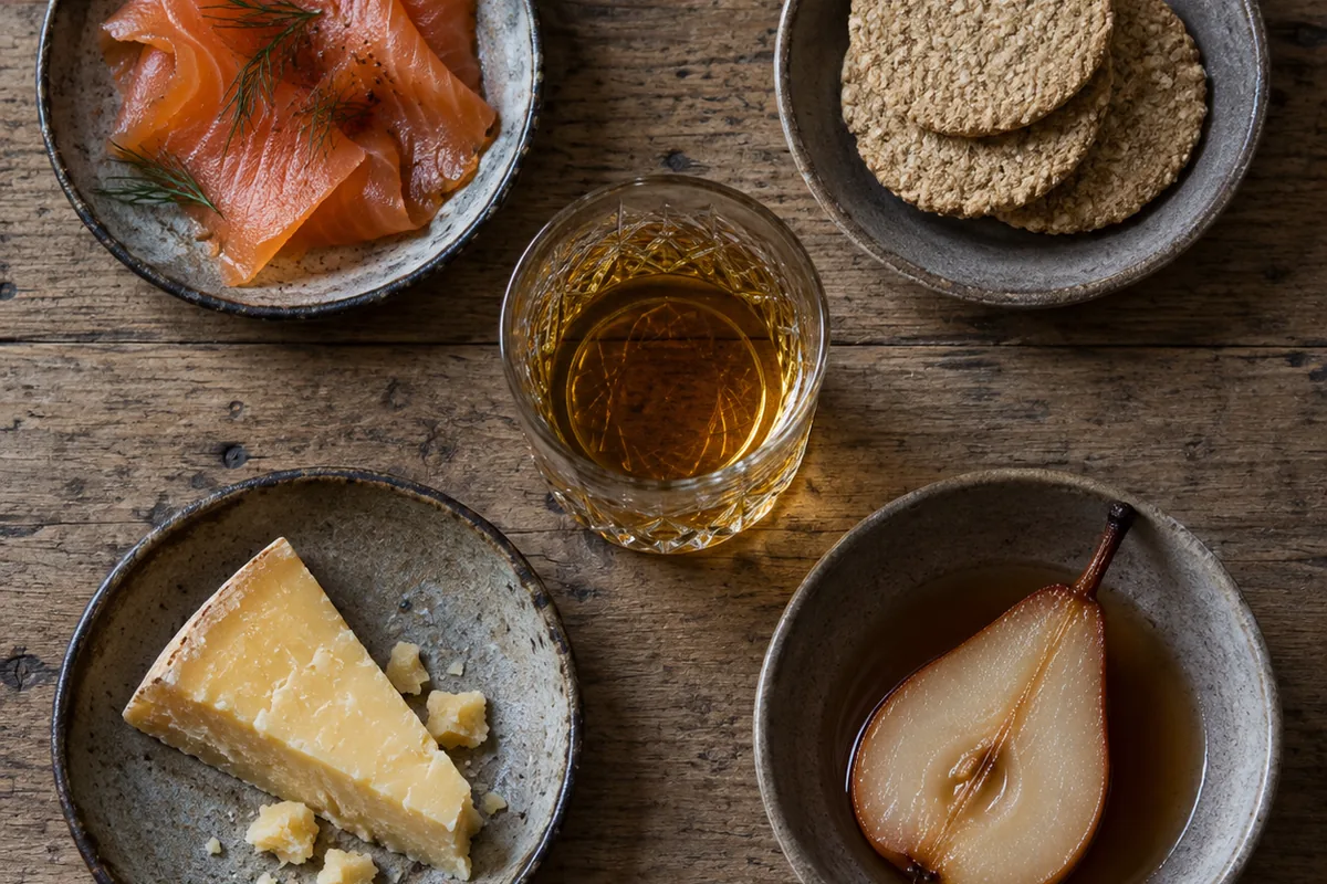 Cold smoked salmon, plain oatcakes, a wedge of hard aged cheddar, and a poached pear half in four separate dishes beside a glass of amber whisky