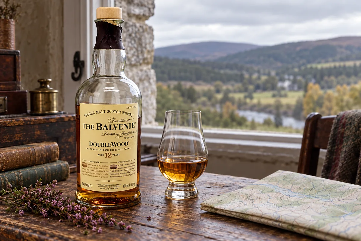 A recognizable Balvenie DoubleWood 12 Speyside single malt bottle beside a tulip glass, heather, and a folded map at a cottage window.