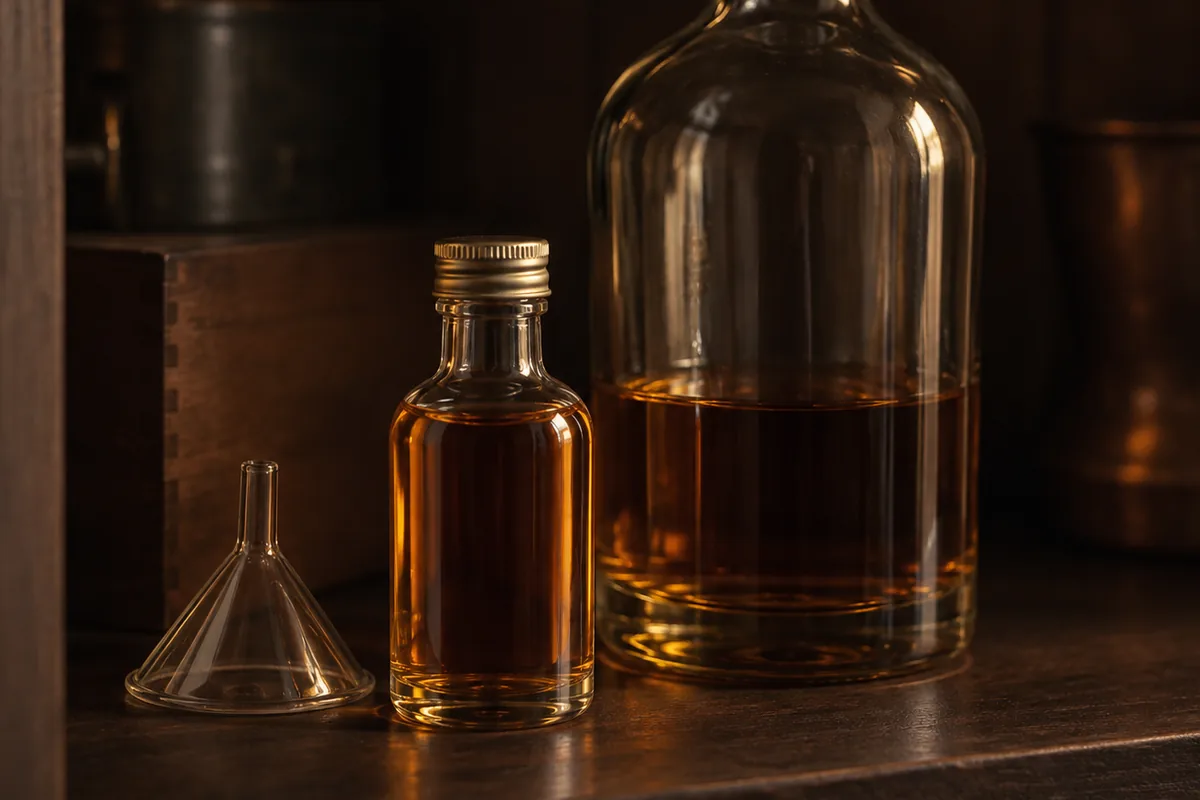 A small clear glass sample bottle filled to the shoulder with amber whisky beside a larger plain bottle about a third full, with a glass funnel